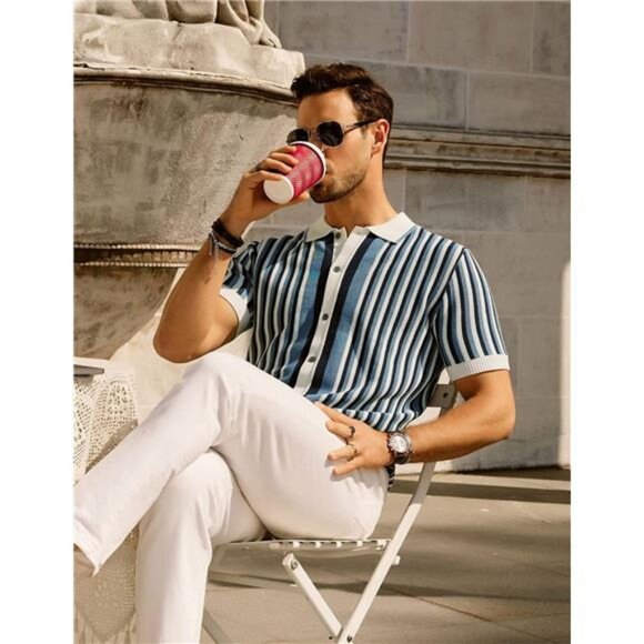 Men's Polo Shirts Retro Knit Shirt Vintage Striped Shirt - Picture 5 of 7